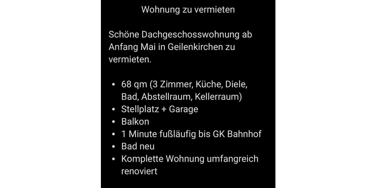 Dachgeschoßwohnung Übach-Palenberg Palenberg - 3 Zimmer, 68 m&sup2;, 680&euro; | Angebot:26019132