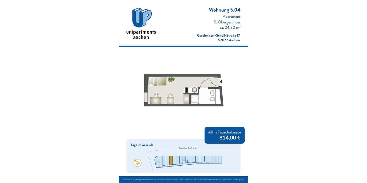 Etagenwohnung Aachen Aachen-Mitte - 1 Zimmer, 24 m&sup2;, 679&euro; | Angebot:25870102