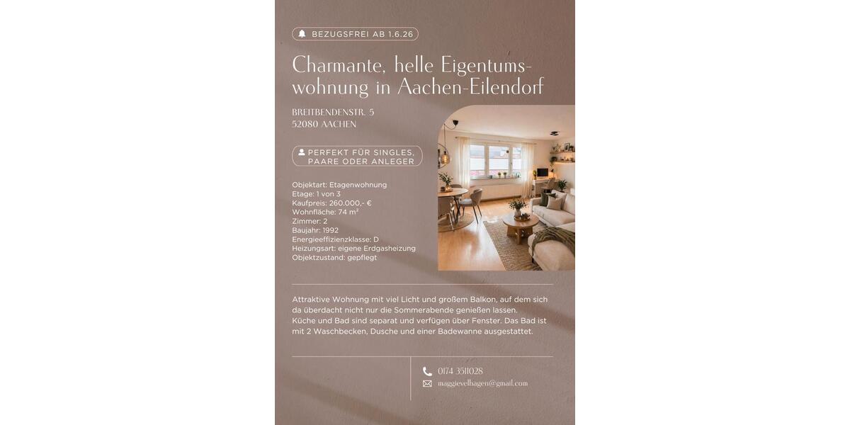 Etagenwohnung Aachen Eilendorf - 2 Zimmer, 74 m&sup2;, 260.000&euro; | Angebot:26250399